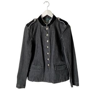 Lauren Ralph Lauren Black Denim Military Jacket Silver Buttons Size 8